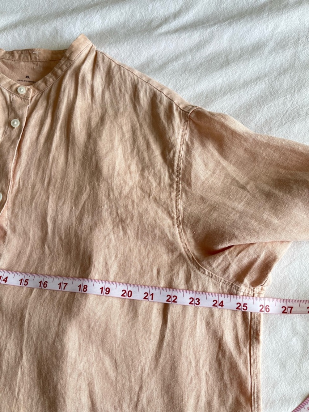 MUJI 100% Hemp Band Collar Tunic Peach Pink 7-Sleeve Shirt XL Coastal Grandma - Picture 3 of 14